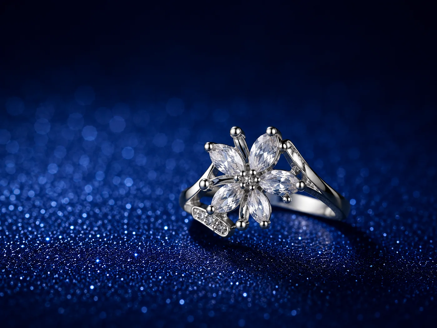 Crystal Flower Silver Ring
