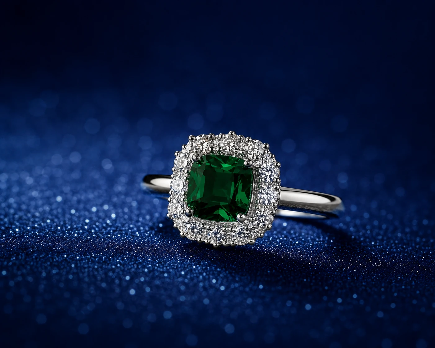 Emerald Square Halo Silver Ring